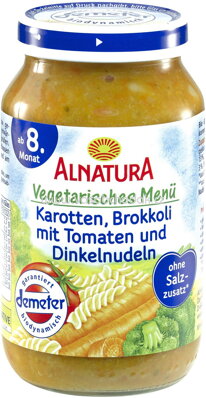Alnatura Vegetarisches Menü Karotten, Brokkoli mit Tomaten und Dinkelnudeln, ab 8. Monat, 220g