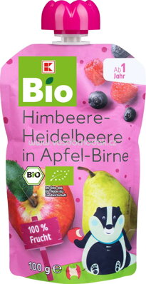 K-Bio Baby Quetschbeutel Himbeere Heidelbeere in Apfel-Birne, ab 1 Jahr, 100g
