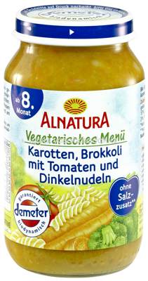 Alnatura Vegetarisches Menü Karotten, Brokkoli mit Tomaten und Dinkelnudeln, ab 8. Monat, 220 g
