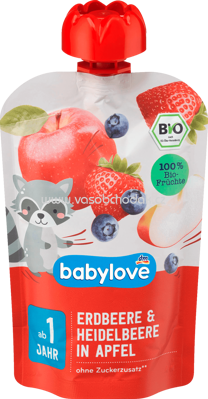 Babylove Quetschbeutel Erdbeere & Heidelbeere in Apfel ab 1 Jahr, 100 g