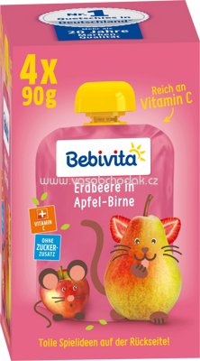 Bebivita Quetschbeutel Erdbeere in Apfel-Birne, ab 1 Jahr, 4x90g, 0,36kg