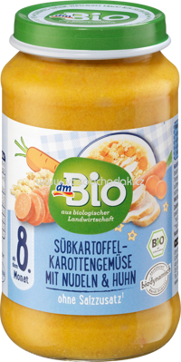 dmBio Süßkartoffel-Karottengemüse mit Nudeln & Huhn ab dem 8. Monat, 220g