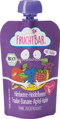 FruchtBar Quetschbeutel Himbeere, Heidelbeere, Traube, Banane, Apfel, Hafer, ab 6. Monat, 100g