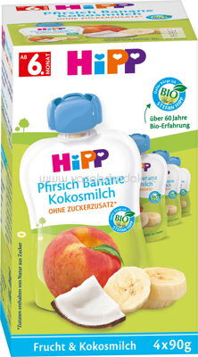 Hipp Quetschie Pfirsich-Banane mit Kokosmilch, ab 6 Monaten, 4x90g, 360g