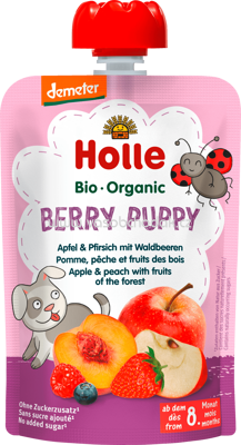 Holle baby food Quetschbeutel Berry Puppy, Apfel & Pfirsich mit Waldbeeren, ab 8 Monaten, 100g