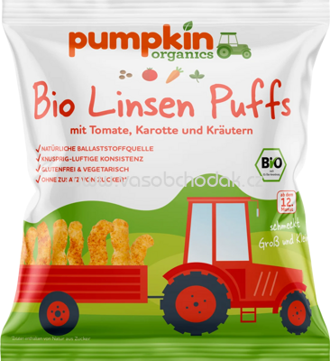 Pumpkin Organics Bio Linsen Puffs mit Tomate, Karotte & Kräutern, ab 1 Jahr, 20g