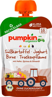 Pumpkin Organics Quetschie mit Süßkartoffel, Joghurt, Birne, Trockenpflaume,  ab dem 10. Monat, 100g