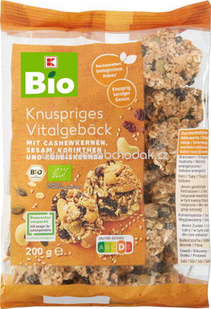 K-Bio Knuspriges Vitalgebäck mit Cashewkernen, Sesam, Korinthen, Kürbiskernen, 200g