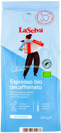 LaSelva Espresso Libero, ganze Bohne, entkoffeiniert, 250g