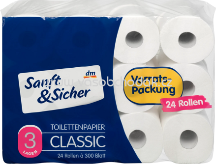 Sanft&Sicher Toilettenpapier Classic, 3-lagig, 300 Blatt, 24 Rollen