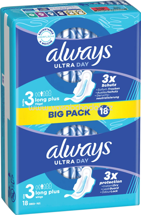 always Ultra-Binden Day Long Plus 3 mit Flügeln, Big Pack, 18 St
