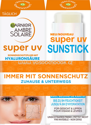 Garnier Ambre Solaire Sonnenfluid Gesicht Hyaluron + Sonnenstick Gesicht, super UV, LSF 50+, 1 St