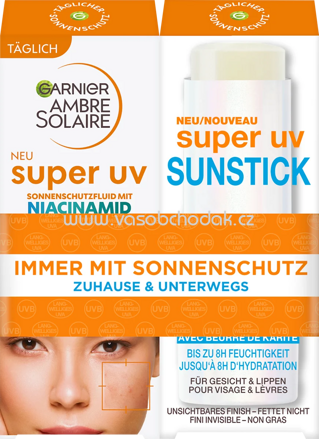 Garnier Ambre Solaire Sonnenfluid Gesicht mit Niacinamid + Sonnenstick Gesicht, super UV, LSF 50+, 1 St