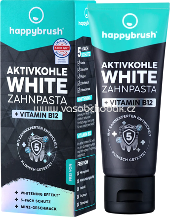 happybrush Zahnpasta Aktivkohle White mit Vit. B12, 75 ml