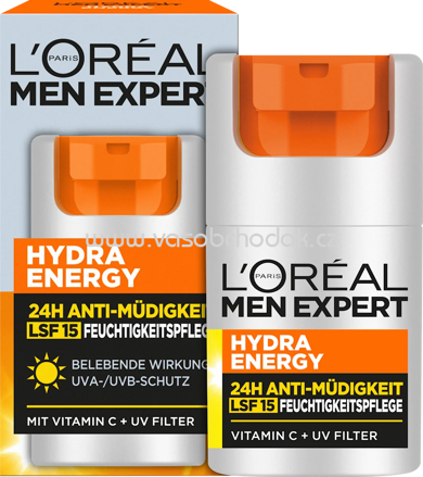 L'ORÉAL PARiS MEN EXPERT Gesichtscreme Hydra Energy, Feuchtigkeitspflege mit Vitamin C, 24h Anti-Müdigkeit LSF 15, 50 ml