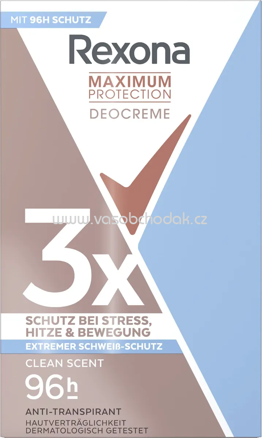 Rexona Antitranspirant Deocreme Maximum Protection Clean Scent, 45 ml