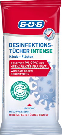 SOS Desinfektionstücher Intense Hand & Fläche Reisegröße, 10 St