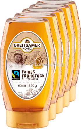 Breitsamer Honig Faires Frühstück Blütenhonig, flüssig, spenderflasche, 5x350g