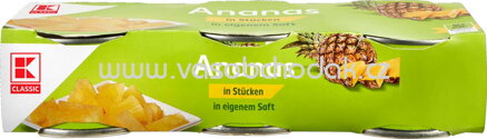 K-Classic Ananas in Stücken in eigenem Saft, 3x230g