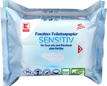 K-Classic Feuchtes Toilettenpapier Sensitiv mit Aloe Vera und Panthenol ohne Parfüm, 2x70 St