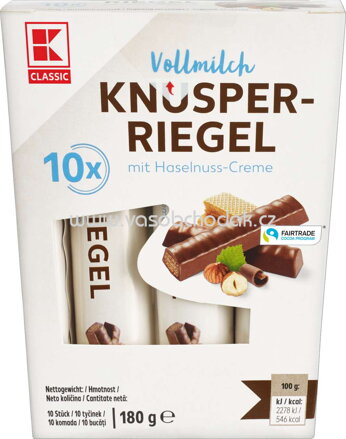 K-Classic Vollmilch Knusper Riegel mit Haselnuss Creme, 180g