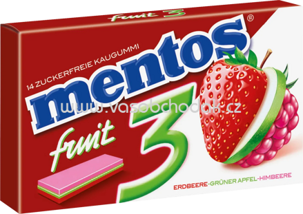 Mentos Erdbeere, Grüner Apfel, Himbeere Kaugummi zuckerfrei, 14 Stück, 33g