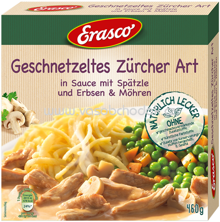 Erasco Geschnetzeltes Zürcher Art in fein-würziger Sauce mit Erbsen, Möhren und Spätzle, 460g