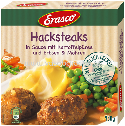 Erasco Hacksteaks mit Erbsen, Möhren und Kartoffelpüree, 480g