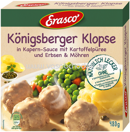 Erasco Königsberger Klopse in pikant-cremiger Kapern-Sauce mit Erbsen, Möhren udn Kartoffelpüree, 480g