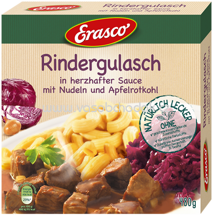Erasco Rindergulasch in herzhafter Sauce mit Nudeln und Apfelrotkohl, 480g