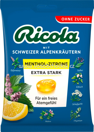 Ricola Bonbon Menthol Zitrone, extra stark, zuckerfrei, 75g