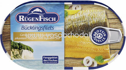 Rügen Fisch Bücklingsfilets Geräucherte Heringsfilets in pikantem Aufguss und eigenem Saft, 200g