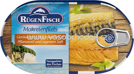 Rügen Fisch Makrelenfilets Geräucherte Makrelenfilets in Pflanzenöl und eigenem Saft, 200g