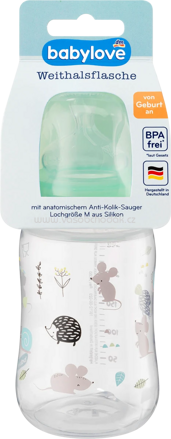 Babylove Weithalsflasche mit anatomischen Weithals-Trinksauger aus Silikon Größe M, von Geburt an, 280 ml, Waldbewohner, 1 St