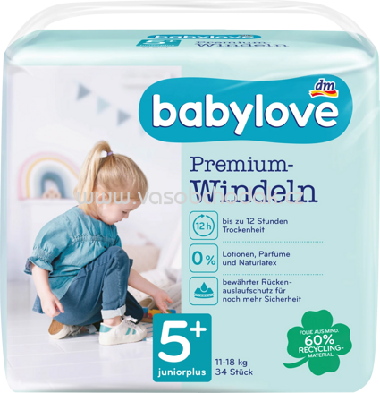 Babylove Windeln Premium Gr. 5+, Juniorplus, 11-18 kg, 34 St