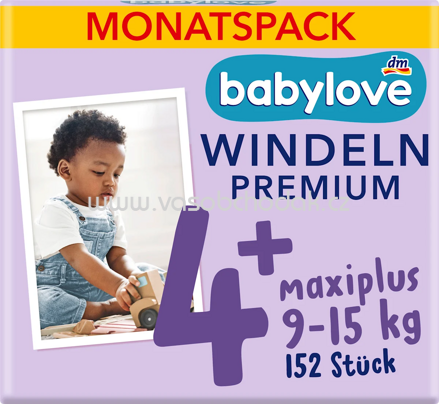 Babylove Windeln Premium Gr 4+ Maxiplus, 9-15 kg, Monatsbox, 152 St