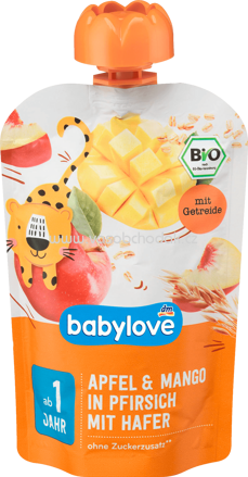 Babylove Quetschbeutel Apfel-Mango in Pfirsich mit Hafer, ab 1 Jahr, 100g