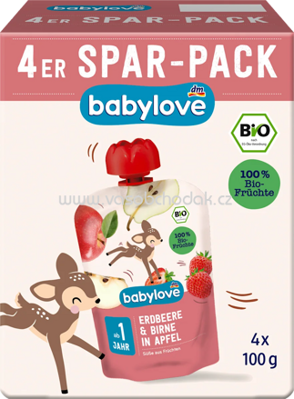 Babylove Quetschie Erdbeere & Birne in Apfel, ab 1 Jahr, 4x100g, 400g