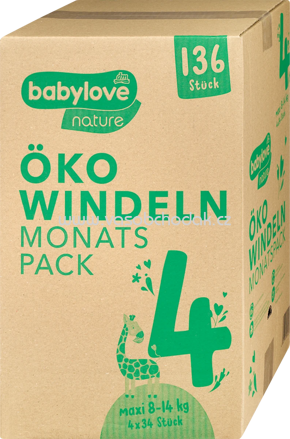  Babylove nature Windeln nature Öko, Gr. 4 Maxi, 8-14 kg, Monatsbox, 136 St