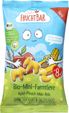 FruchtBar Bio Mini Farmtiere Apfel Pfirsich Mais Reis, ab 8. Monaten, 20g