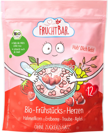 FruchtBar Bio Frühstücks Herzen, Hafervollkorn, Erdbeere, Traube, Apfel, ab 12. Monat, 125g