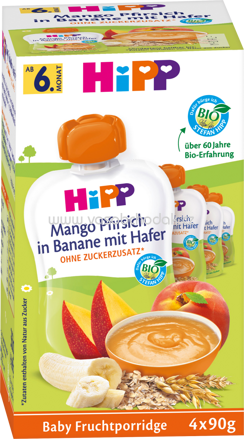 Hipp Quetschbeutel Frucht-Porridge Mango-Pfirsich in Banane mit Hafer ab 6. Monat, 4x90g, 360g