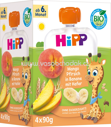 Hipp Quetschbeutel Frucht-Porridge Mango-Pfirsich in Banane mit Hafer, ab 6. Monat, 4x90g, 360g