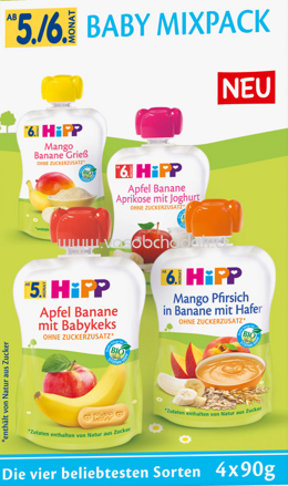 Hipp Quetschbeutel Mix-Pack für Babys, ab dem 5/6 Monat, 4x90g, 360g
