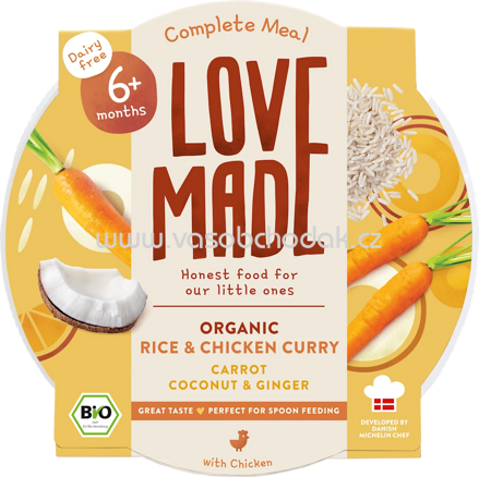 LoveMade Organics Menü Curry Reisgericht Karotte, Hähnchen, Kokos, Ingwer, ab 6 Monaten, 185 g