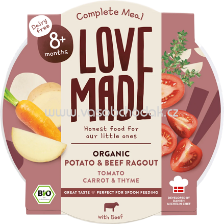 LoveMade Organics Menü mit Kartoffeln, Karotten, Rindfleisch, Thymian, ab 8 Monaten, 185 g
