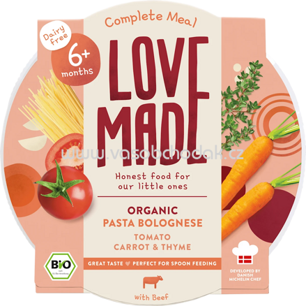 LoveMade Organics Menü Pasta Bolognese mit Tomaten, Karotten, Thymian, ab 6 Monaten, 185 g