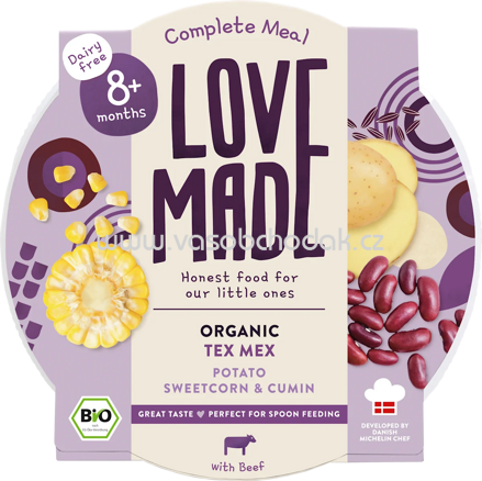 LoveMade Organics Menü Tex Mex mit Kartoffeln, Rindfleisch, Mais, Kreuzkümmel, ab 8 Monaten, 185 g