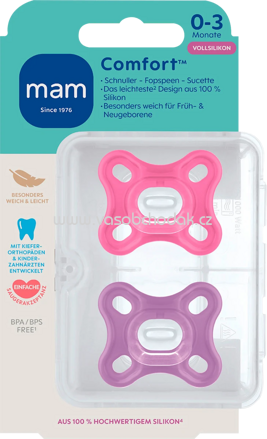 mam Schnuller Comfort Silikon, pink/lila, 0-3 Monate, 2 St