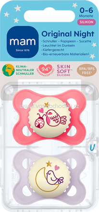 mam Schnuller Original Night Silikon pink/lila, 0-6 Monate, 2 St